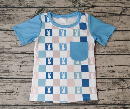 ready to ship  	 BT0590  Pocket Bunny Plaid Blue and White Short Sleeve Top