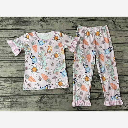 ready to ship  	 GSPO1278 bluey carrot smiley flower truck plaid pink short-sleeved trousers suit