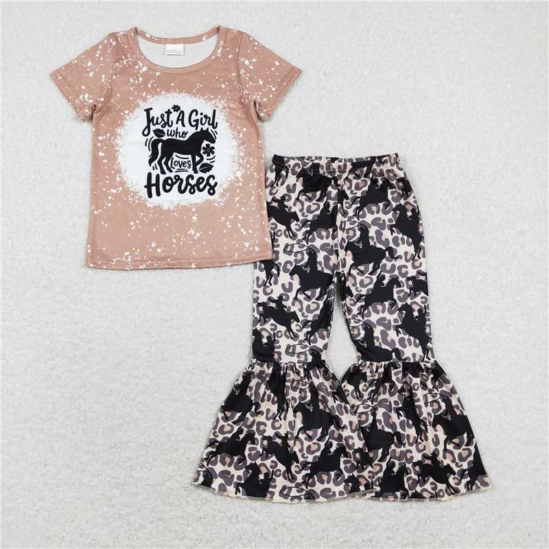 GSPO1277 horses letters light brown short sleeve leopard print riding long pants set