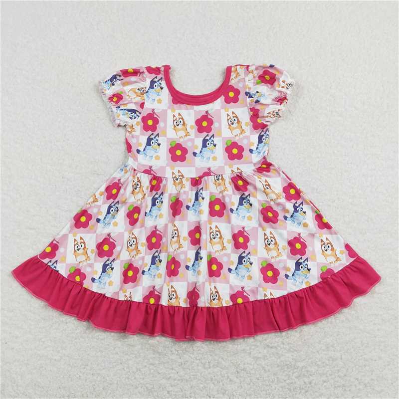 rts stock	 GSD0740 bluey flower pink and white plaid rose red lace short sleeves