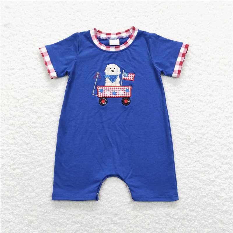 RTSEmbroidery 	 GSSO0460  Embroidery Star Flag Puppy Stroller Blue Flying Sleeves Lace Red and White Plaid Shorts Set