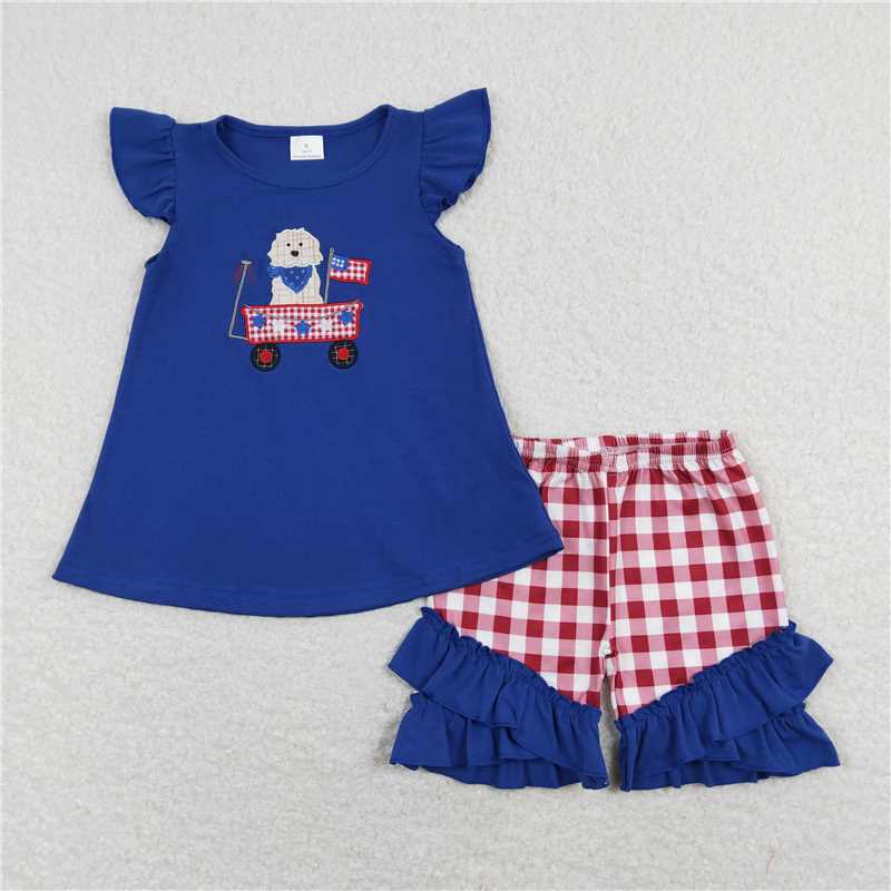 RTSEmbroidery 	 GSSO0460  Embroidery Star Flag Puppy Stroller Blue Flying Sleeves Lace Red and White Plaid Shorts Set