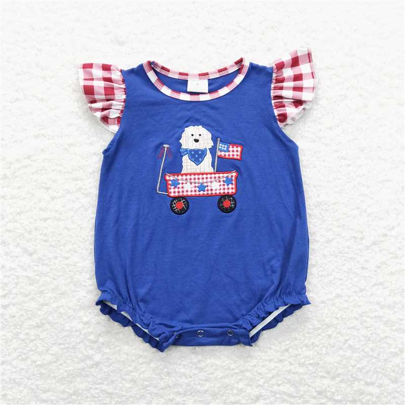 RTSEmbroidery 	 GSSO0460  Embroidery Star Flag Puppy Stroller Blue Flying Sleeves Lace Red and White Plaid Shorts Set