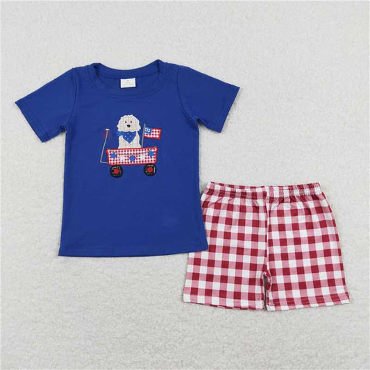 ready to ship 	 BSSO0423 Embroidery Stars Flag Puppy Stroller Blue Short Sleeve Red