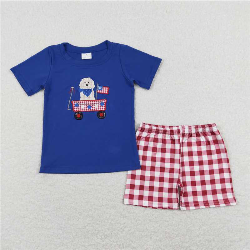 RTSEmbroidery 	 GSSO0460  Embroidery Star Flag Puppy Stroller Blue Flying Sleeves Lace Red and White Plaid Shorts Set