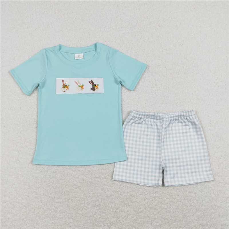 ready to ship BSSO0414 Embroidery Rabbit Carrot Blue Green Short Sleeve Plaid Short