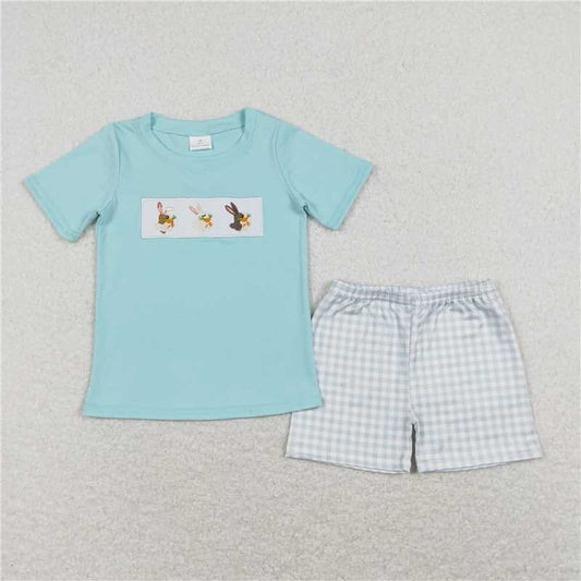 ready to ship 	 BSSO0414 Embroidery Rabbit Carrot Blue Green Short Sleeve Plaid Short
