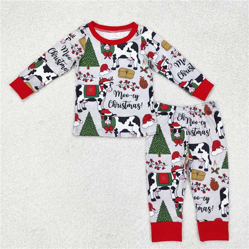 rts no moq BLP0513 Christmas Tree Cow Gray Red Long Sleeve Pants Pajama Set