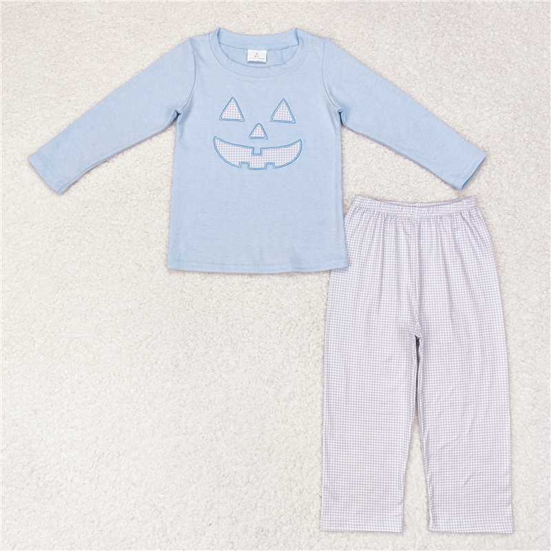 RTS NO MOQ Embroidered Pumpkin Smiley Face Long Sleeve Suit & Short Sleeve Suit