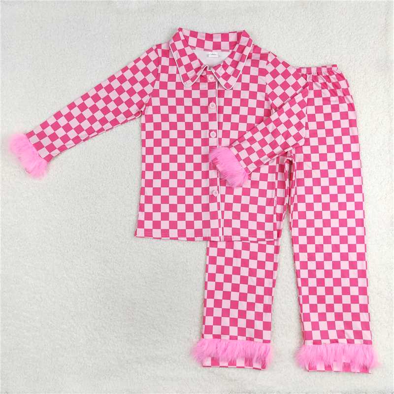 RTS NO MOQ RTS NO MOQ Mommy and me Plush edge rose red plaid long-sleeved trousers pajamas set