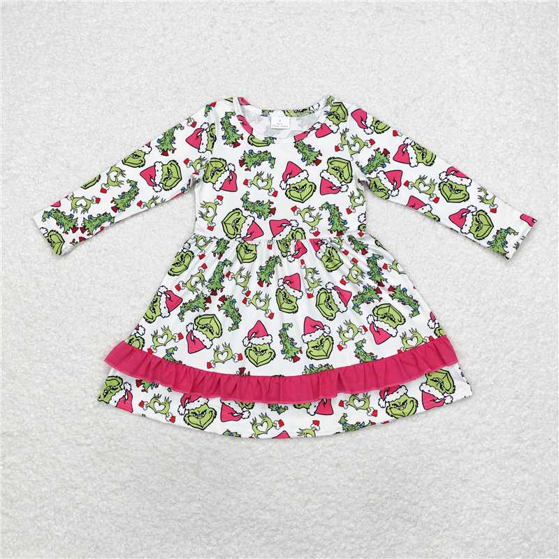 RTS NO MOQ GLD0651  GLP1478  P0542  grinch Christmas tree rose red lace white long-sleeved dress