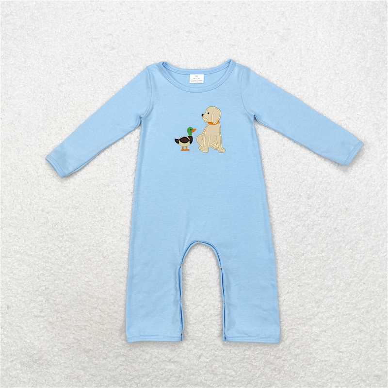 RTS NO MOQ BLP0805 LR1644 LR0994  Embroidered Puppy-Duck Blue Striped Long Sleeve Suit & Long Cremper