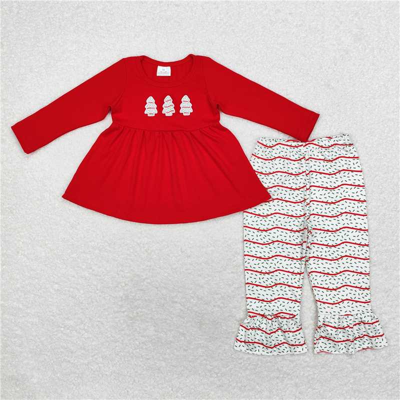 RTS NO MOQ Red long-sleeved suit with wooden stripes and Christmas tree pattern