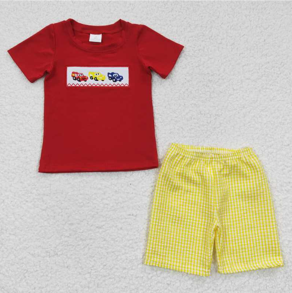 BSSO1003 Embroidery Boys Cars Red Short Sleeve Plaid Shorts Set