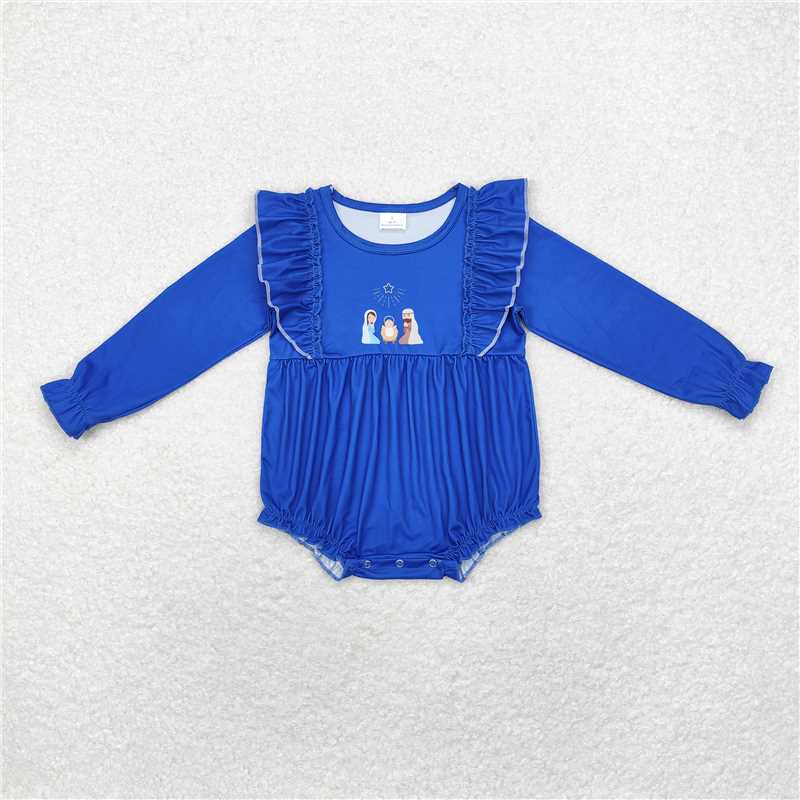 RTS NO MOQ GLP1597 LR1473 Nativity pattern sapphire blue pleated long sleeve suit & romper