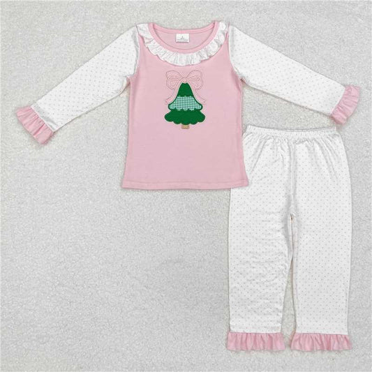 RTS NO MOQ ETA 5/7days arrived GLP1628 baby girls clothes embroidery Christmas trees pink long Sleeve pants Suit