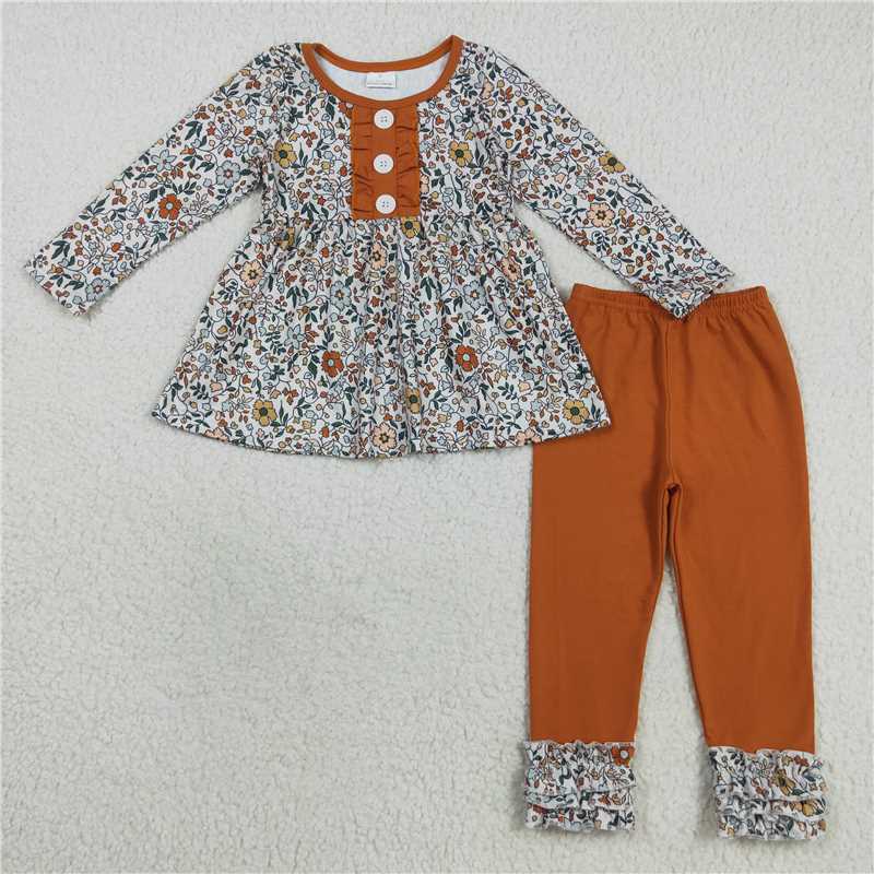 RTS NO MOQ（In Stock) GLP2404 Orange lace long-sleeved trouser suit with flower and leaf buttons