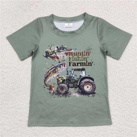 RTS	 BT0344huntin' fishin' farmin' lettering green short-sleeved top 3