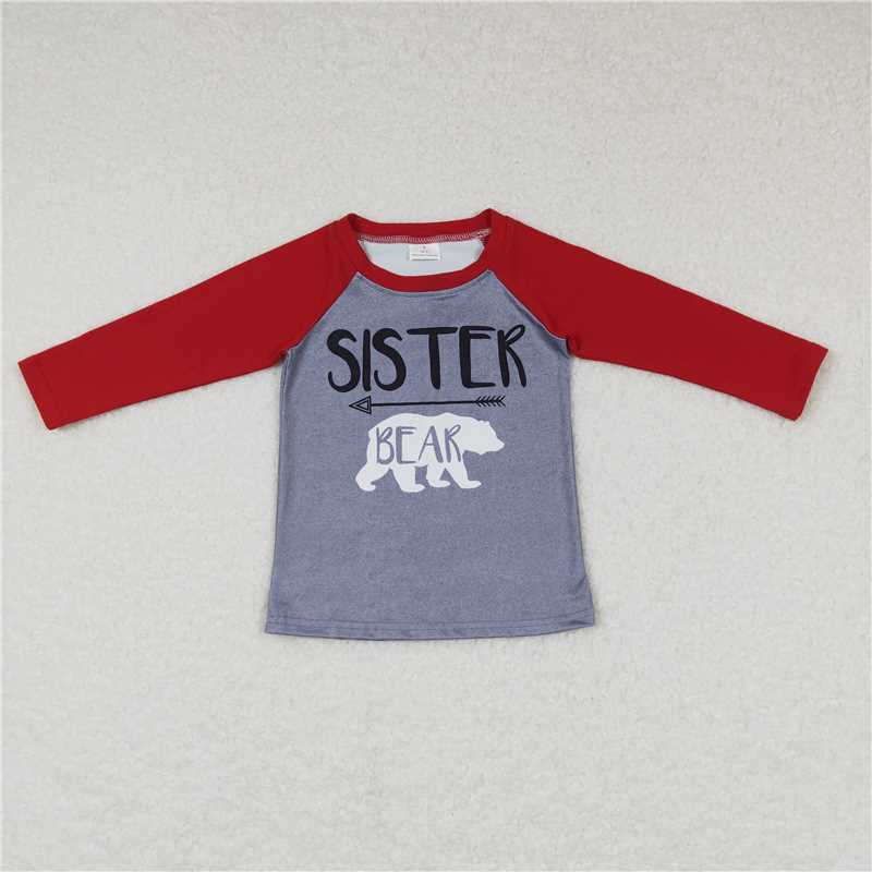 GT0390 sister bear polar bear red gray long sleeve top