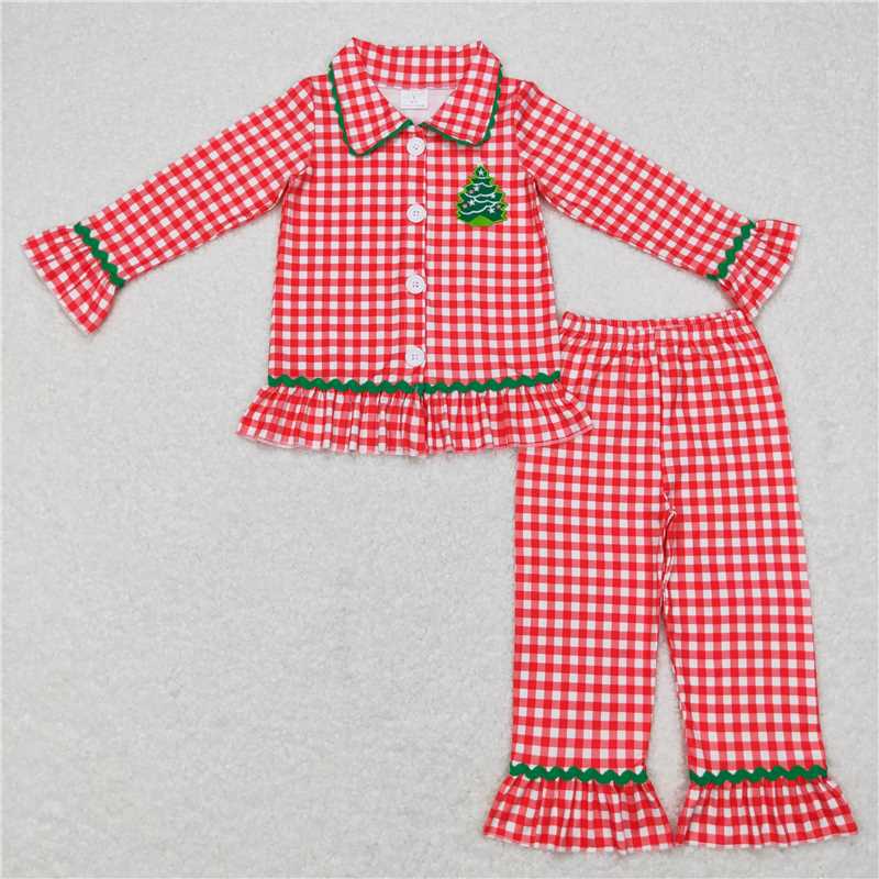 RTS NO MOQ Embroidered Christmas tree pattern red plaid long-sleeved suit & romper