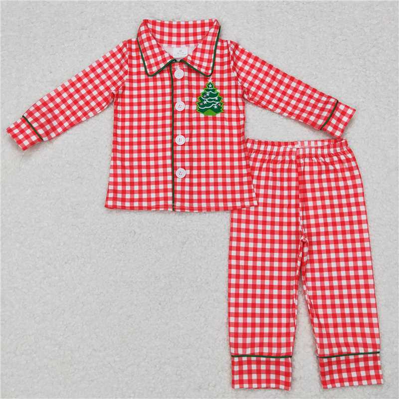 RTS NO MOQ Sibling baby girl boy clothes Embroidered Christmas tree pattern red plaid long-sleeved suit