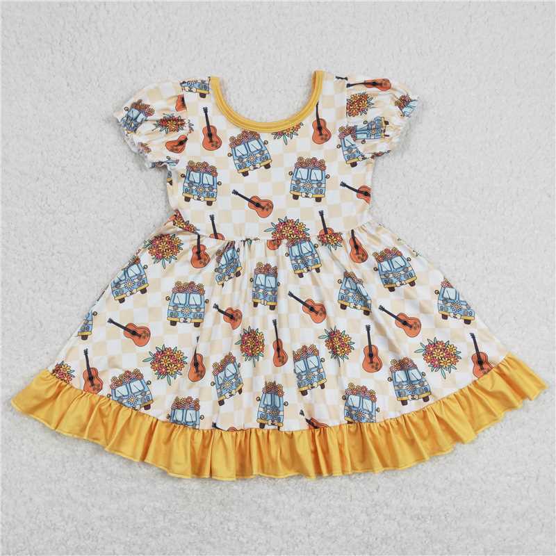 RTS NO MOQ GSD0816 GSPO1369 Yellow Short-Sleeved Flared Pants Set & Short-Sleeved Dress with Flower School Bus Pattern