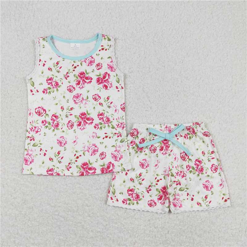 GSSO0694  White Sleeveless Shorts Set with Floral Polka Dots summer sets