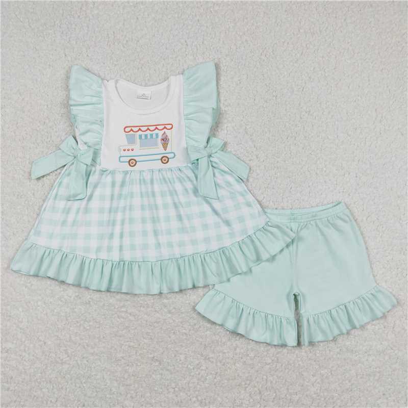 RTS no moq GSSO0554 Ice cream truck plaid teal lace bow sleeveless shorts set