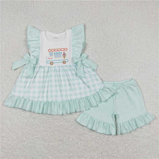 RTS no moq GSSO0554 Ice cream truck plaid teal lace bow sleeveless shorts set