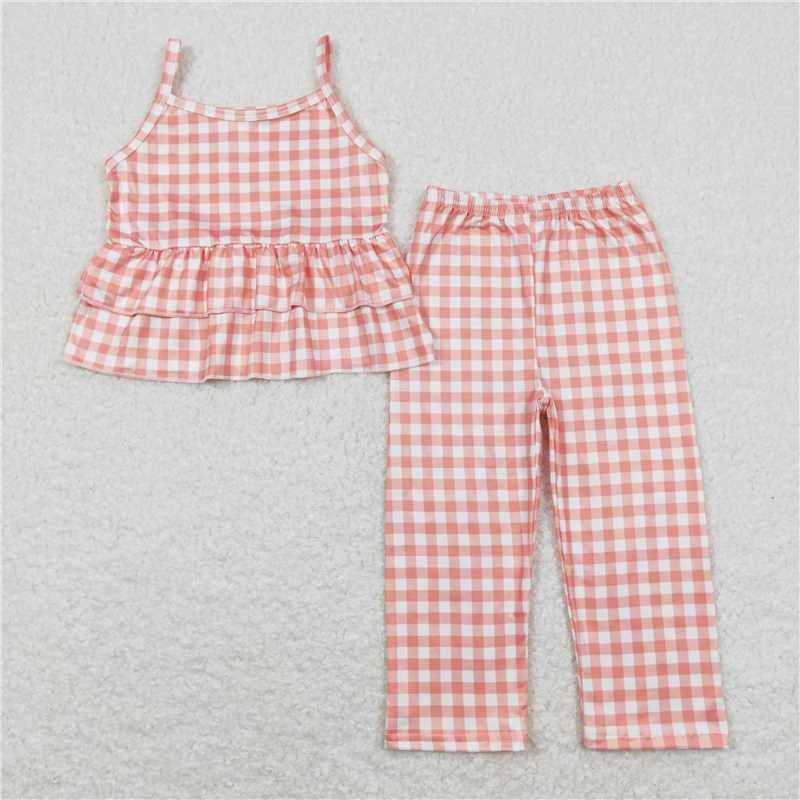 RTSGSPO1377 Orange and White Plaid Lace Suspender Pants Set