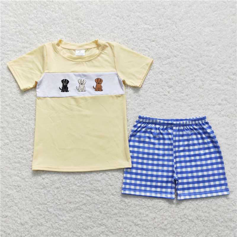 RTS SR1048 + BSSO0598 Embroidery three puppies beige short-sleeved blue and white plaid short