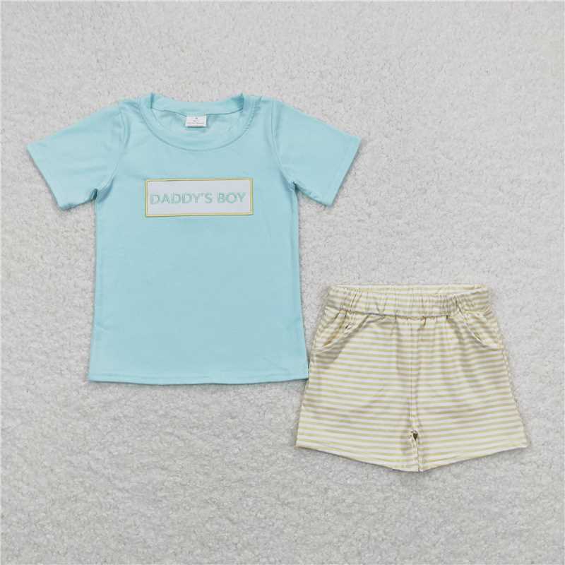 SR0890  BSSO0522 daddy's boy embroidered letters blue short sleeve yellow  daddy's boy embroidered letters yellow striped short sleeves