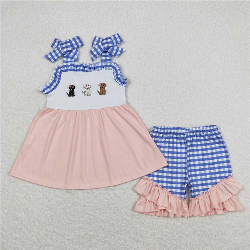 RTS SR1048 + BSSO0598 Embroidery three puppies beige short-sleeved blue and white plaid short
