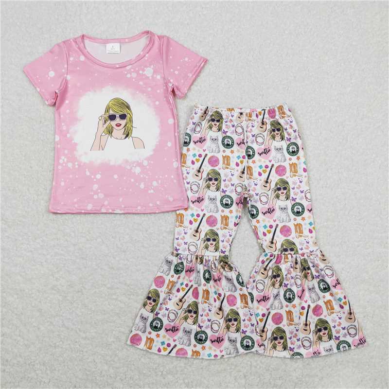 RTS NO MOQ Baby Girls European and American female singer digital print pattern short-sleeved flared pants suit