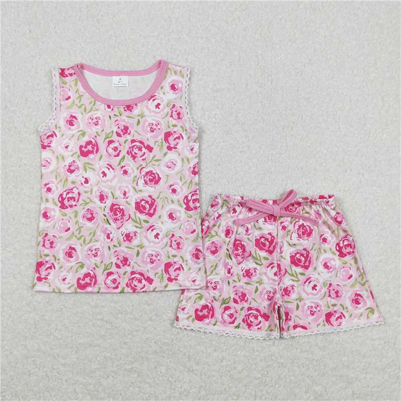 GSSO0694  White Sleeveless Shorts Set with Floral Polka Dots summer sets