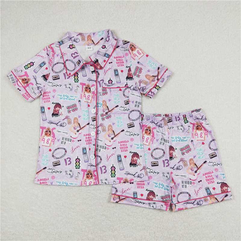 RTS NO MOQ Adult Girls European and American Female Singer Printed Button Cardigan Short Sleeve Shorts Pajama Set