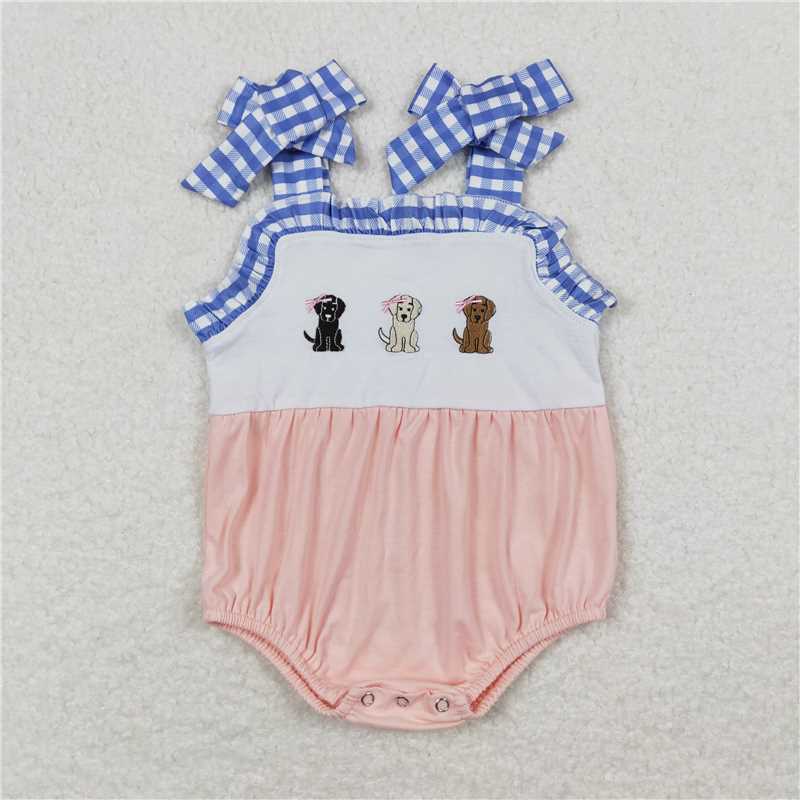 RTS SR1048 + BSSO0598 Embroidery three puppies beige short-sleeved blue and white plaid short