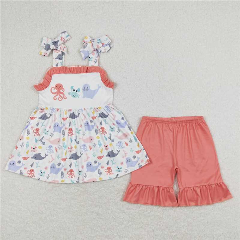 RTS	 BSSO0671 Octopus Crab Seal Brick Red Short Sleeve White Shorts Set Sibling Sister Clothes