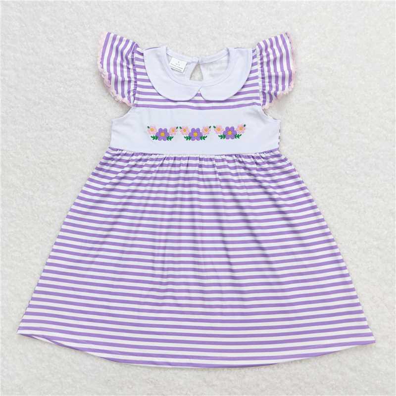 RTS	SR1051 Embroidery flower purple and white striped baby collar vest with  Sibling Sister Clothes