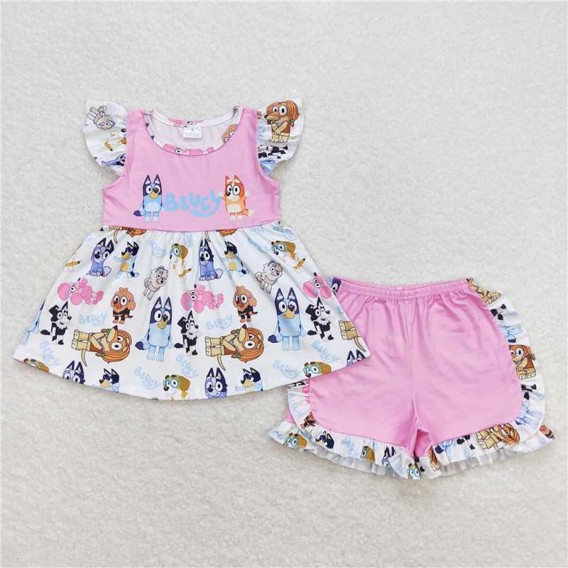 RTS no moq GSSO0388 bluey cartoon pink and white short-sleeved shorts suit