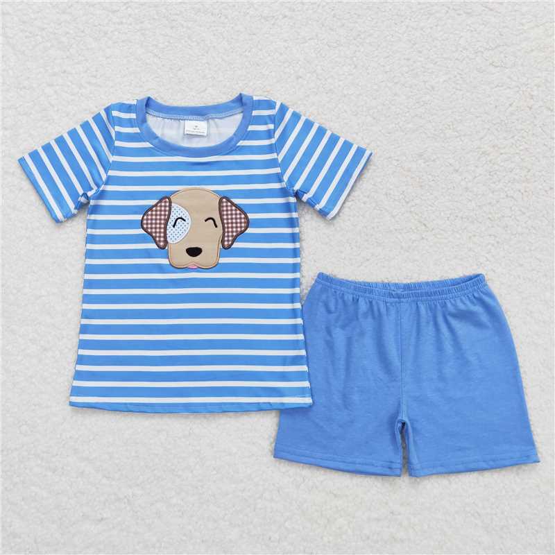 BSSO0746 GSD0934 RTS  Embroidered Puppy Blue Striped Short Sleeve Shorts Set