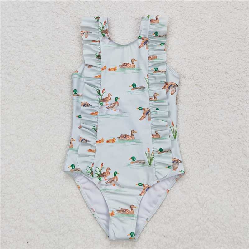 S0265 Duck Light Green Lace One-Piece Swimsuit + S0428 Adult male duck light green swimming trunks