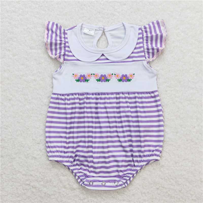 RTS	SR1051 Embroidery flower purple and white striped baby collar vest with  Sibling Sister Clothes