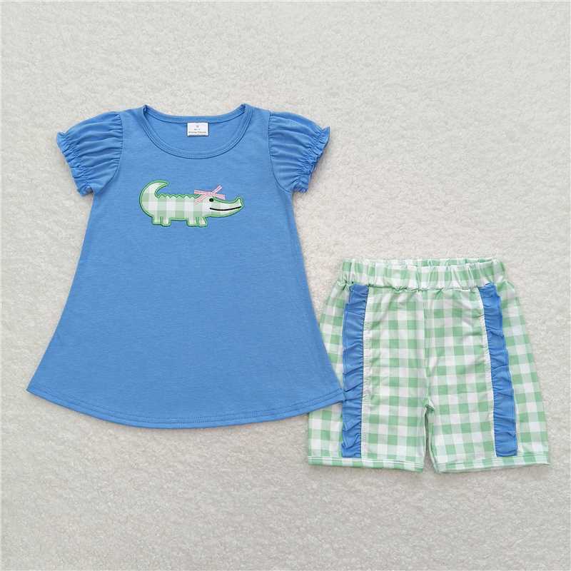 Baby Girls Crocodile Shirt Green Checkered Sibling Shorts Clothes Sets BSSO0736  	 GSSO0850