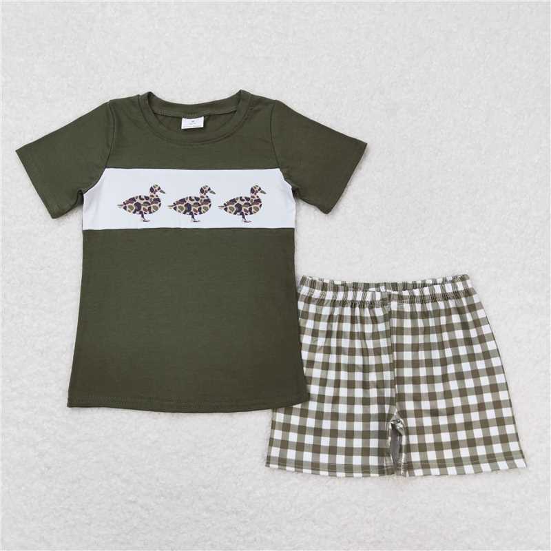 Three Ducks Army Green Short Sleeve Plaid Shorts Set Sibling Sister print fabric