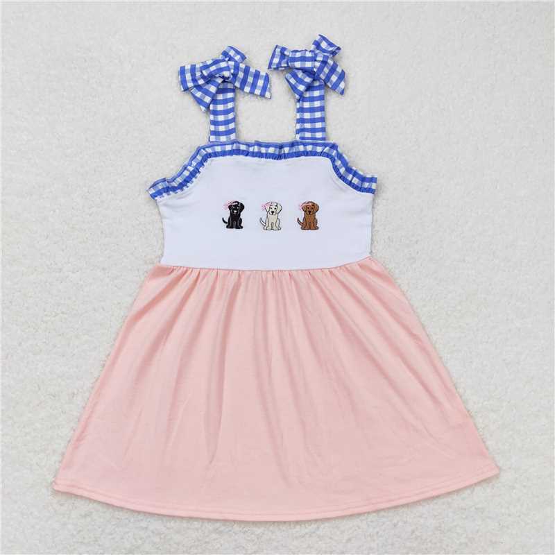 RTS SR1048 + BSSO0598 Embroidery three puppies beige short-sleeved blue and white plaid short