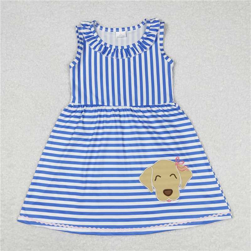 BSSO0746 GSD0934 RTS  Embroidered Puppy Blue Striped Short Sleeve Shorts Set