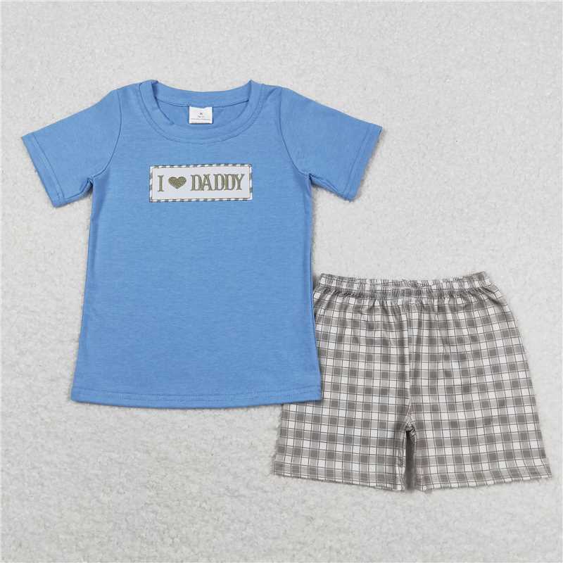 BSSO0640 SR1120I love daddy embroidered letters blue short-sleeved green I love daddy embroidered lettering green plaid vest