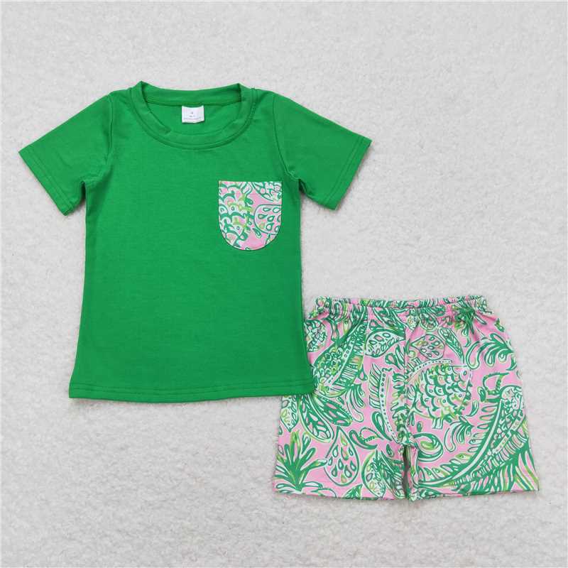 BSSO0839+GSD1113+GT0561 Green short-sleeved shorts set with seaweed pattern pockets