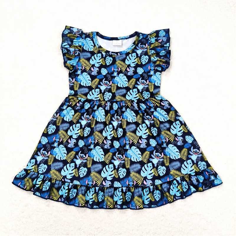 RTS  Cartoon Stitch Leaf Blue Flying Sleeve Dress Cartoon Stitch Leaves Blue Button Short Sleeve Top